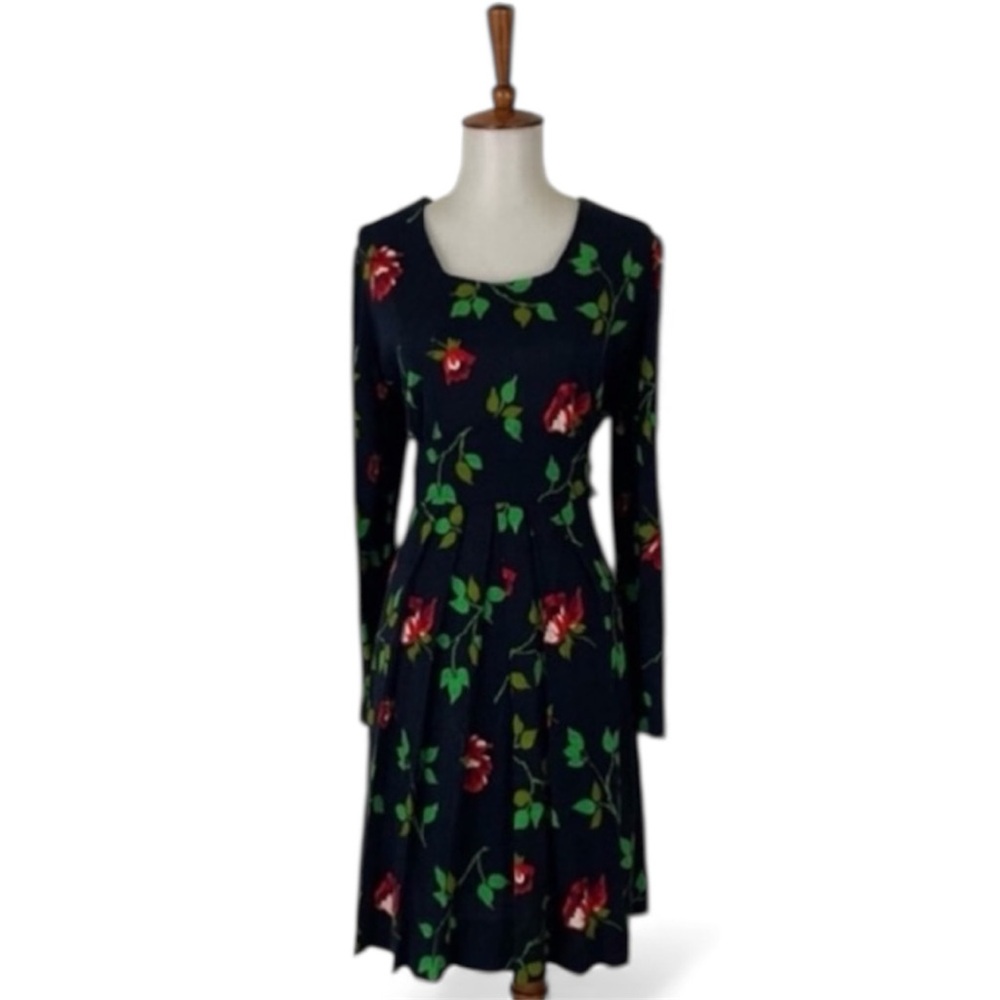 Vintage Floral Dress Women’s L Long Sleeve Scoop Neck Pleated Skirt Knee Length‎